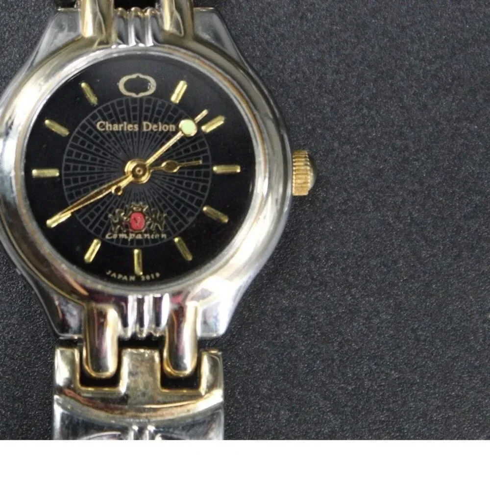 Charles Delon Black Dial Round Silver Tone Case Two Tone Band Watch New battery
